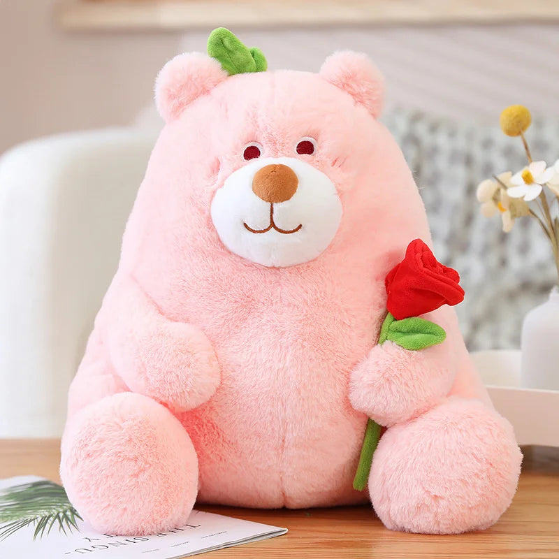25/35/45CM Kawaii Fat Bear Plush Toys Stuffed Teddy Bear Holding Rose Flower Plush Doll Valentine Christmas Gift for Girls