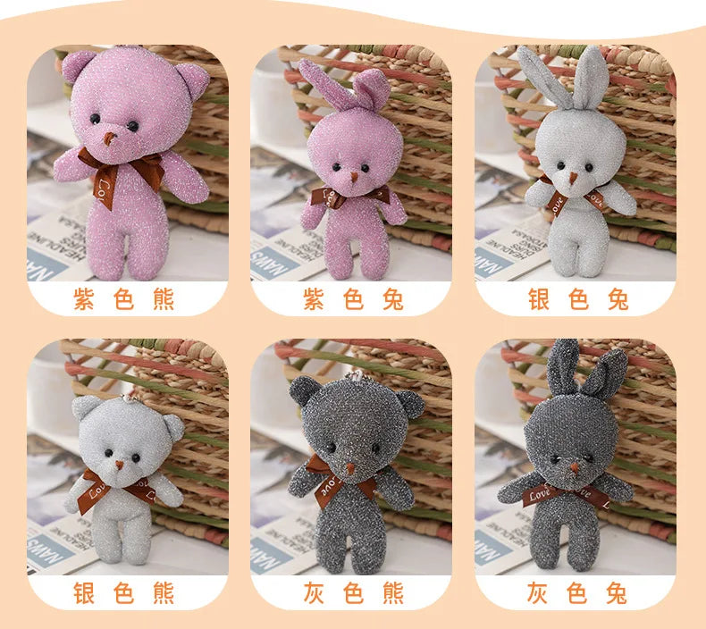 10Pcs/Lot shiny silk teddy bear plush toy doll pendant Soft Stuffed rabbit keychain Wedding Xmas decorations kids birthday gift