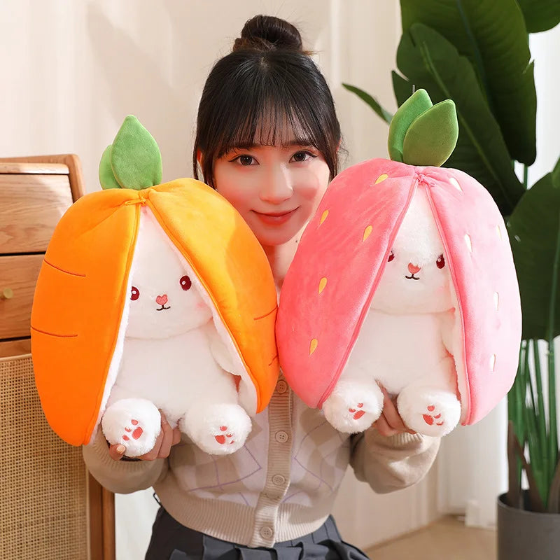 18CM Creative Carrot Strawberry Bag Transform To Rabbit Plush Toys Lovely Long Ears Bunny Stuffed Soft Doll Kawaii Kids Gifts