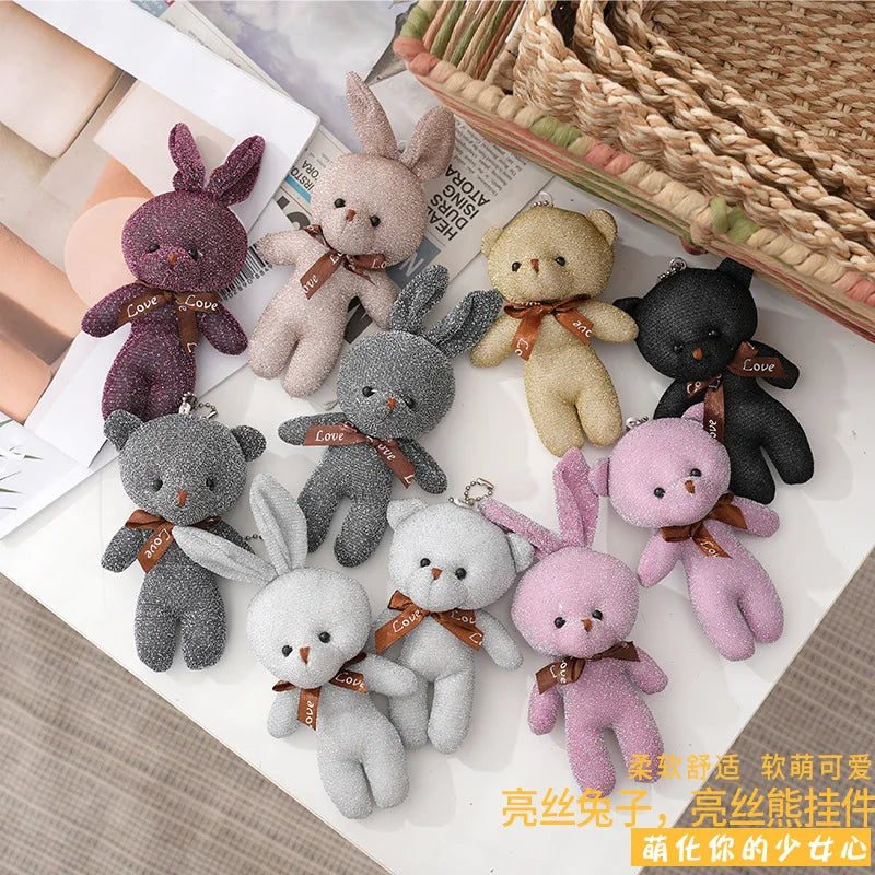 10Pcs/Lot shiny silk teddy bear plush toy doll pendant Soft Stuffed rabbit keychain Wedding Xmas decorations kids birthday gift